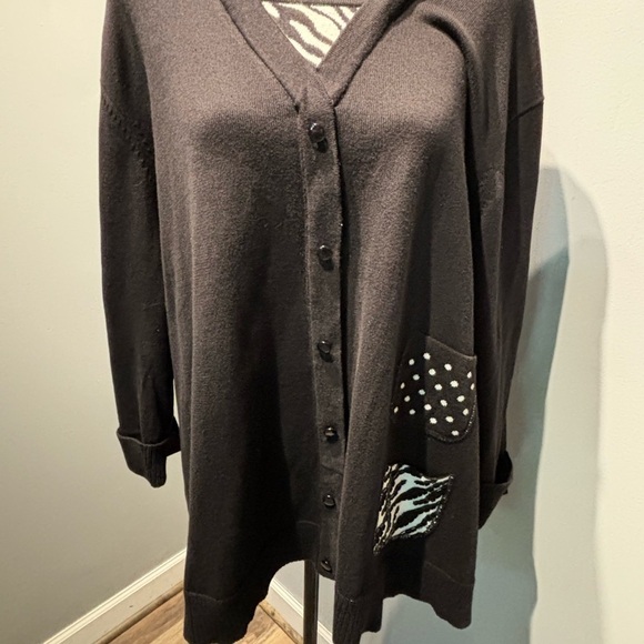 Quacker Factor‎ Black Sweater With Zebra Print Accents Short Sleeve Sz3X Cotton - Picture 3 of 14